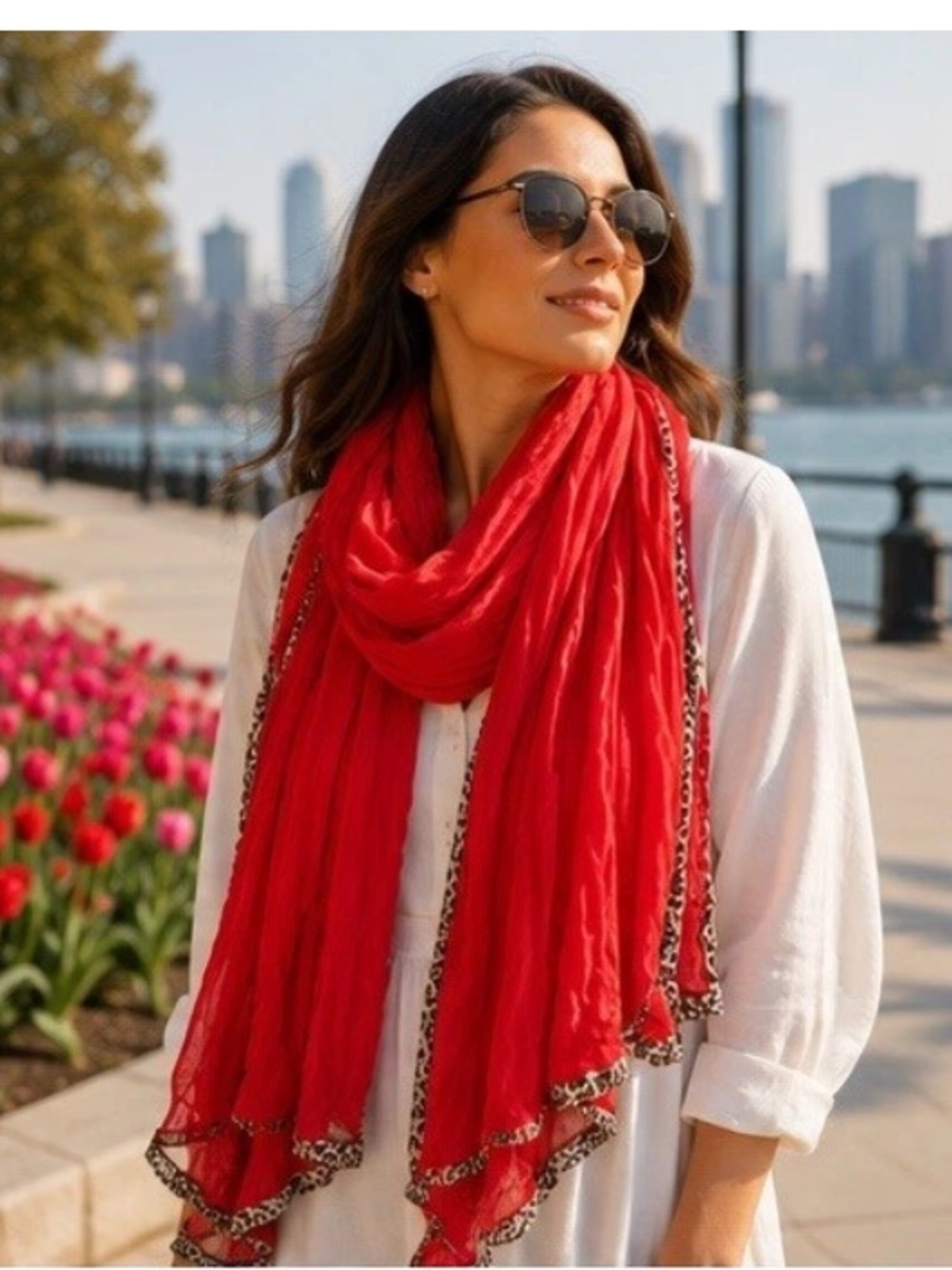 New York & Company Womens Orange Crinkle Scarf Animal Print Edges New 5000-3102